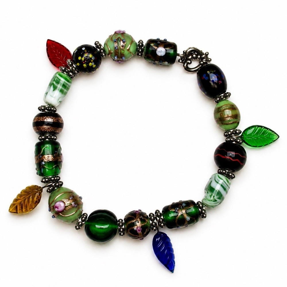 Handmade Art Glass Beaded Bracelet Leaf Charms Green Pink Lampwork 8”